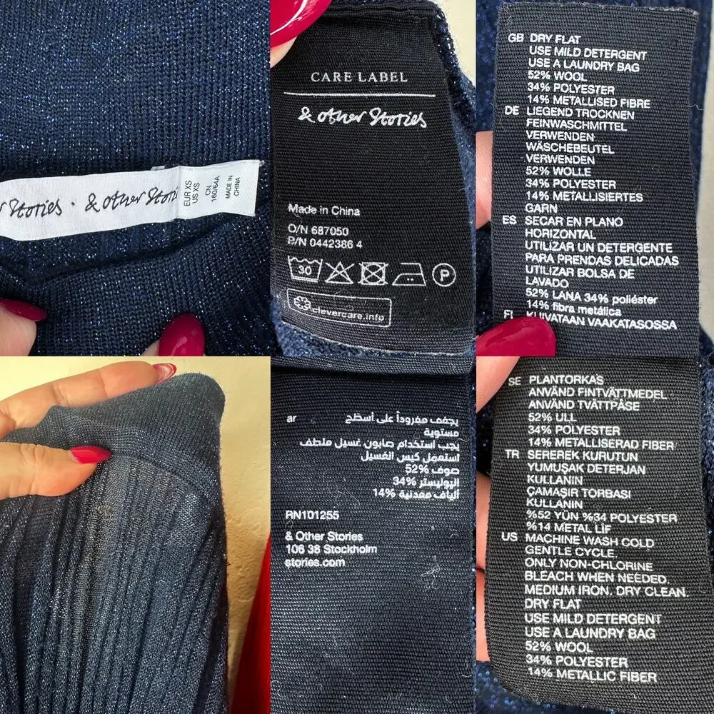& Other Stories Glittery Pleated Rib Knit Midnight Navy Blue Sheer Midi Skirt XS